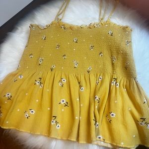 LA Hearts Smocked Peplum Tank with adjustable straps. Yellow w/ Flowers - Size M